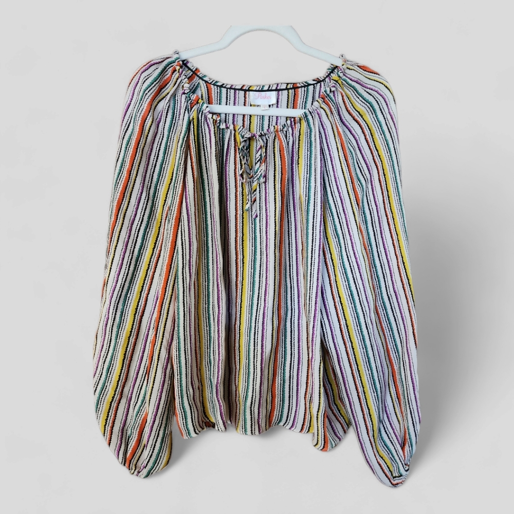 Parker Colorful Striped Silk Peasant Blouse Size Small